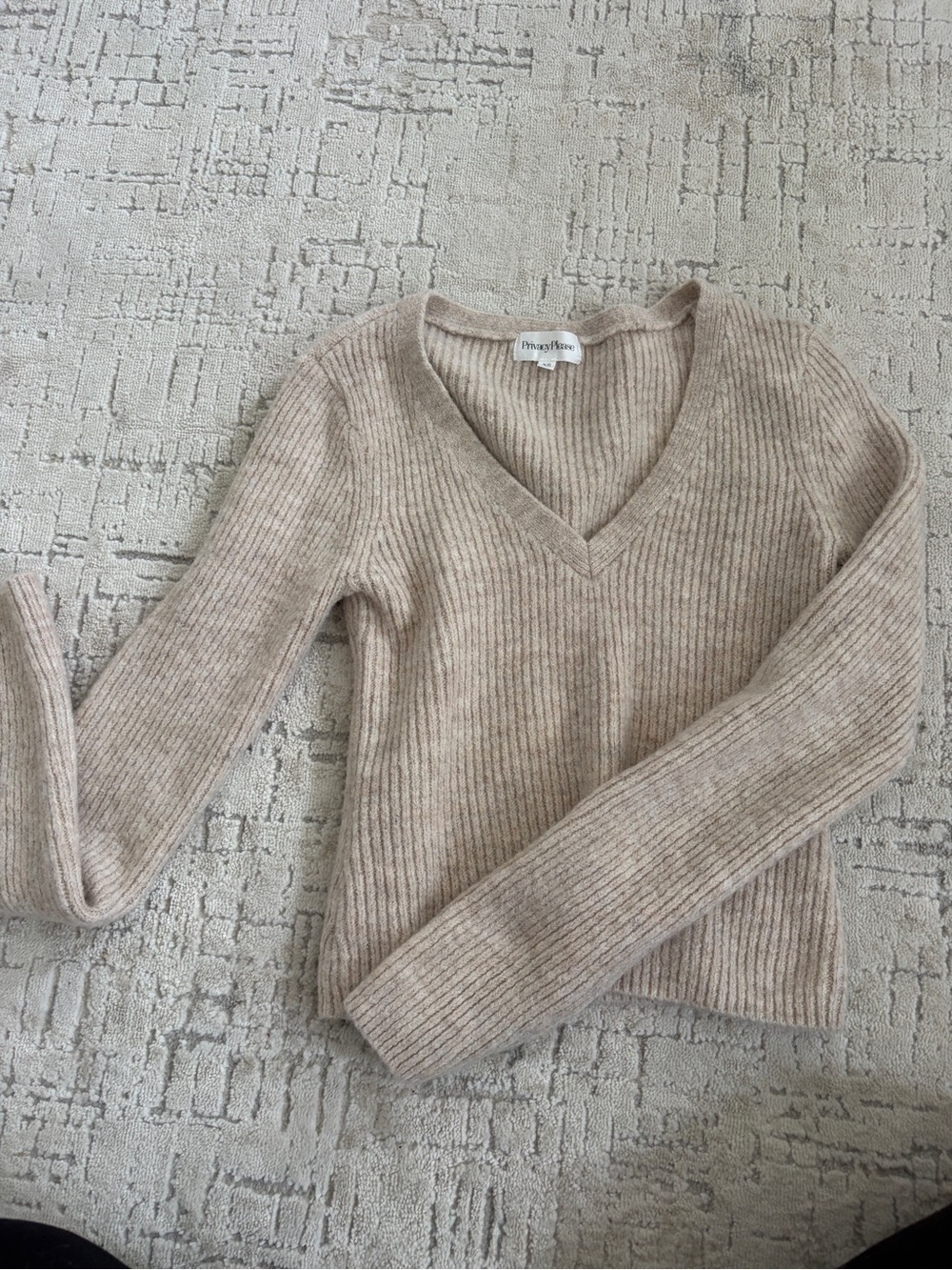 Privacy Please Ribbed V-Neck Sweater in Tan Heather